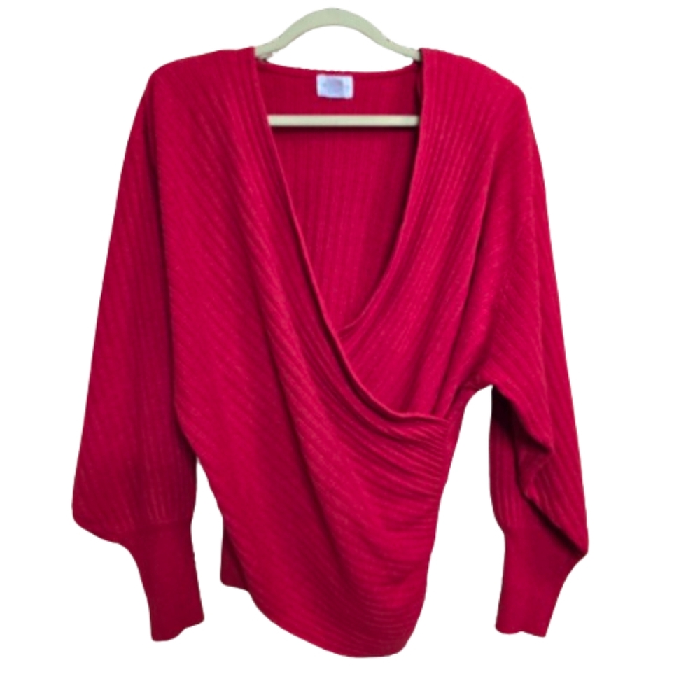 Vintage Moda International Lambswool Angora Blend Surplice Ribbed Sweater Large